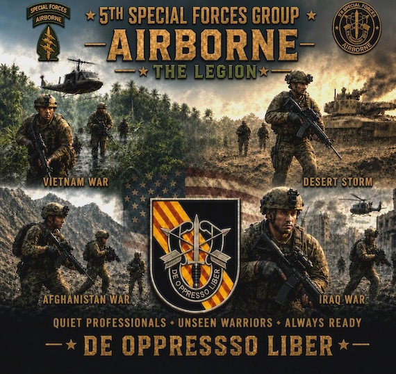 5th Special Force Group (Airborne)* The Legion*De Oppresso Liber* Army Unit* 2-Side Vinyl Shirt. Army Officially Licensed.