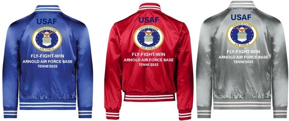 Arnold Air Force Base* Tennessee* Fly-Fight-Win * AIR FORCE Vinyl Design Satin Jacket (Back Only) USAF Officially Licensed