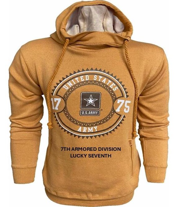 7TH Armored Division* Lucky Seventh * U.S. Army Vintage Premium Camel Hoodie. Army Officially Licensed
