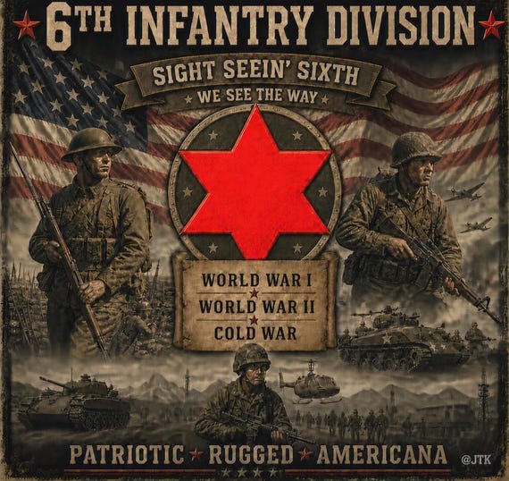 6TH Infantry Division* Sight Seein' Sixth* Army Unit* 2-Side Vinyl Shirt. Army Officially Licensed.
