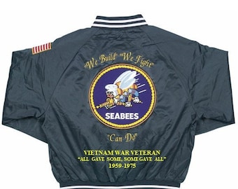 NAVY Seabees Vietnam War Vet 1959-1975  "All gave some,...../flag Embroidered  1-Sided Satin Jacket (BACK Only) Officially Licensed