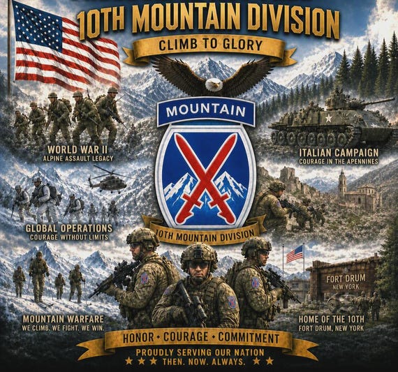 10TH Mountain Division * CLIMB TO GLORY* Army Unit* 2-Side Vinyl Shirt. Army Officially Licensed.