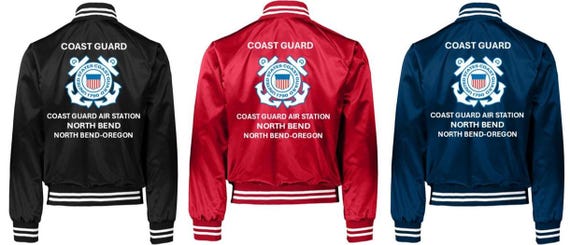 Coast Guard Air Station NORTH BEND* North Bend-Oregon* Coast Guard Vinyl Destin Satin Jacket (Back Only) USCG Officially Licensed