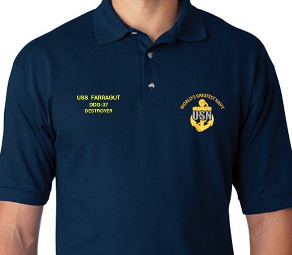 USS Farragut  DDG-37 * Destroyer* Embroidered Two Sided Polo Shirt.Worlds Greatest* Navy Officially Licensed