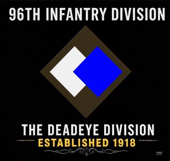 96TH Infantry Division* The DeadEye Division* Established 1918 * 2-Sided Vinyl Shirt. ARMY Officially Licensed