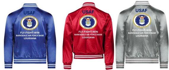 Barksdale Air Force Base* Louisiana* Fly-Fight-Win * AIR FORCE Vinyl Design Satin Jacket (Back Only) USAF Officially Licensed