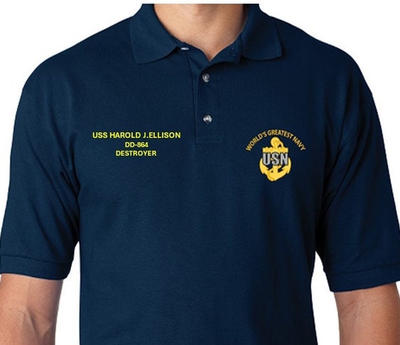 USS Harold J. Ellison   DD-864 * Destroyer* Embroidered Two Sided Polo Shirt.Worlds Greatest* Navy Officially Licensed