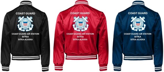 Coast Guard Air Station SITKA* Sitka-Alaska* Coast Guard Vinyl Destin Satin Jacket (Back Only) USCG Officially Licensed