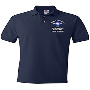 May include: A navy blue polo shirt with a white embroidered patch that reads "Thunder From Above" with a star and the text "USAF Royal Air Force Bentwaters United Kingdom".