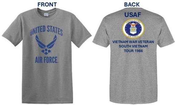Air Force. Vietnam War Veteran* South Vietnam Tour 1966. USAF Logos. 2-Sided Shirt. USAF Officially Licensed.
