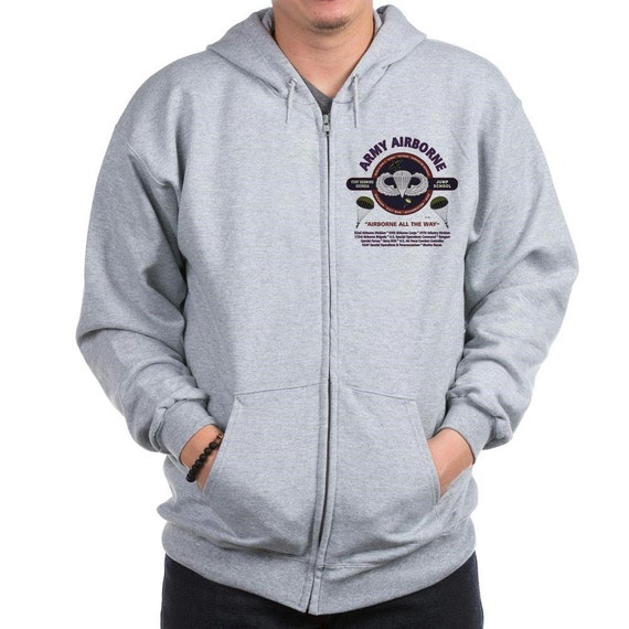 Army Airborne Fort Benning-Georgia "Jump School" Battle & Campaign Left Chest Zipper Hoodie Sweatshirt w/Pockets.