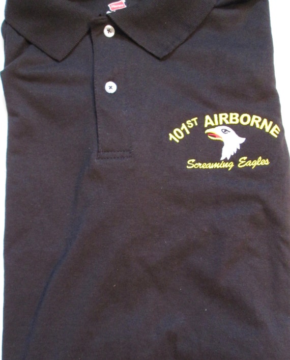 101st Airborne Division" Screaming Eagles" Embroidered Light Weight Black Polo Shirt