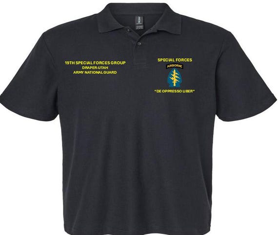 Special Forces Airborne*19th Special Forces Group*Draper-Utah*Army National Guard*Embroidered Left-Right Polo Shirt.