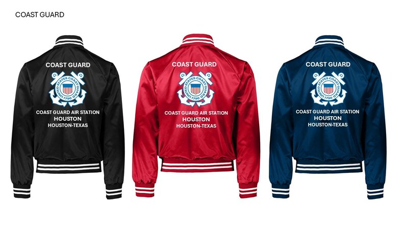 May include: Three satin bomber jackets in black, red, and navy blue. Each jacket features the words "COAST GUARD" above a Coast Guard emblem and the text "COAST GUARD AIR STATION HOUSTON HOUSTON-TEXAS."