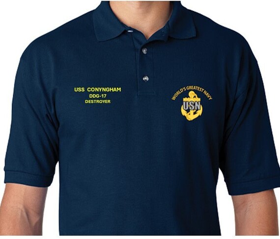 USS CONYNGHAM  DDG-17 * Destroyer* Embroidered Two Sided Polo Shirt.Worlds Greatest* Navy Officially Licensed