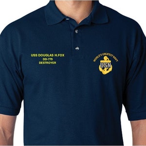 USS Douglas H. FOX DD-779 * Zerstörer* Besticktes beidseitiges Poloshirt.Weltweit Größtes* Navy offiziell lizenziertes