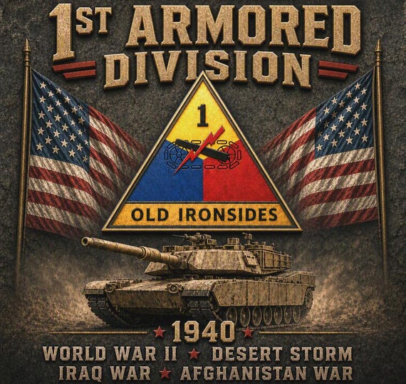 1ST Armored Division* OLD IRONSIDES* Army Unit* 2-Side Vinyl Shirt. Army Officially Licensed.