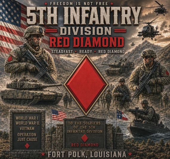 5TH Infantry Division* RED DIAMOND* Army Unit* 2-Side Vinyl Shirt. Army Officially Licensed.
