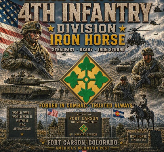4TH Infantry Division*  IRON HORSE* Army Unit* 2-Side Vinyl Shirt. Army Officially Licensed.