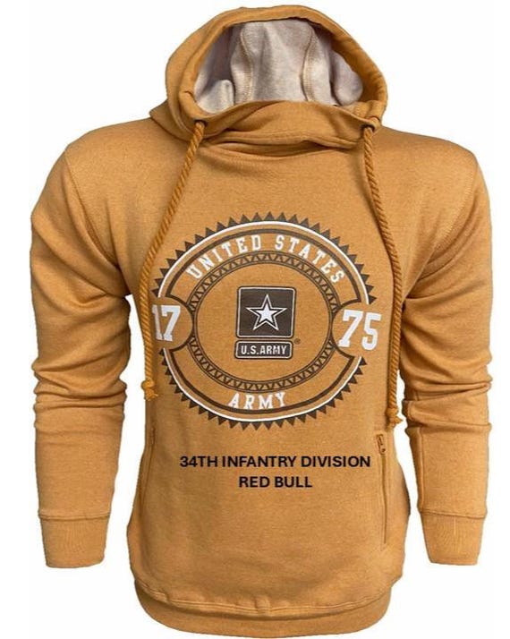 34TH Infantry Division* RED BULL * U.S. Army Vintage Premium Camel Hoodie. Army Officially Licensed