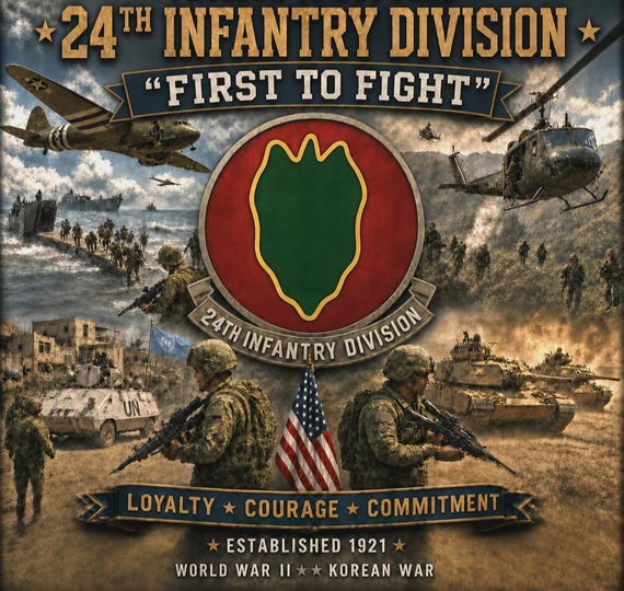 24TH Infantry Division* FIRST TO FIGHT* Army Unit* 2-Side Vinyl Shirt. Army Officially Licensed.