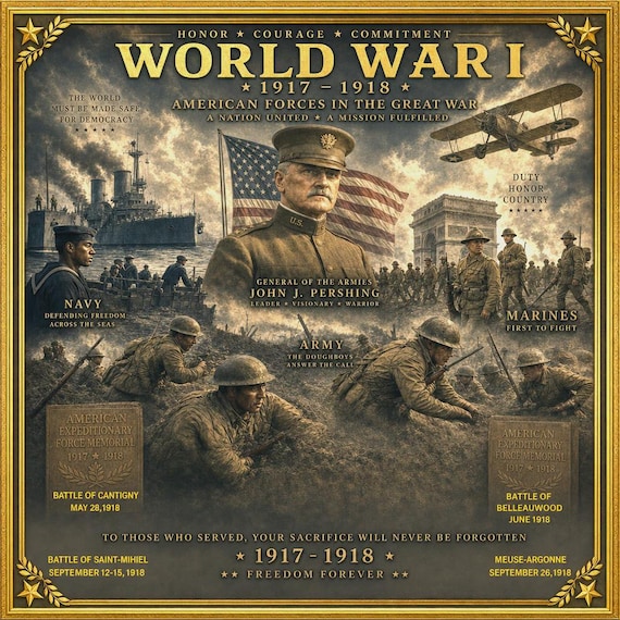 WORLD WAR I* 1917-1918*American Forces In The Great War* Memorial Image* Freedom Is Not Free* 1-Sided Vinyl Shirt.