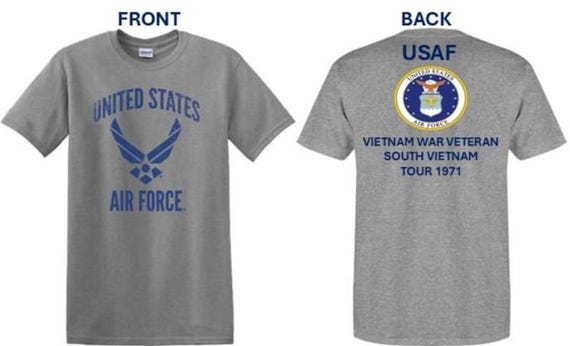 Air Force. Vietnam War Veteran* South Vietnam Tour 1971. USAF Logos. 2-Sided Shirt. USAF Officially Licensed.