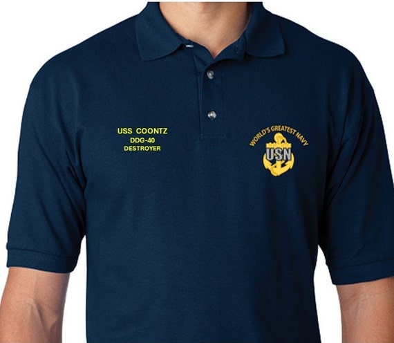 USS COONTZ  DDG-40 * Destroyer* Embroidered Two Sided Polo Shirt.Worlds Greatest* Navy Officially Licensed
