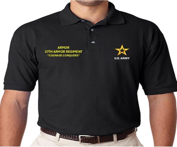 37th Armor Regiment* Courage Conquers* Armor *Embroidered polo shirt* Army Officially Licensed