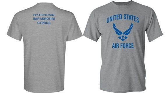 RAF Akrotiri* Cyprus *Fly-Fight-Win*T-Shirt.Two Sided Vinyl Shirt on Back. Officially Licensed USAF