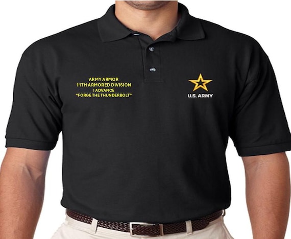11th Armored Division*  I Advance*Army Armor*Forge the Thunderbolt *Embroidered polo shirt* Army Officially Licensed.