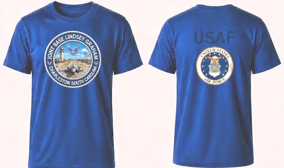 Joint Base Lindsey Graham* Charleston-South Carolina* Circle Coin*T-Shirt.Two Sided Vinyl Shirt on Back. Officially Licensed USAF