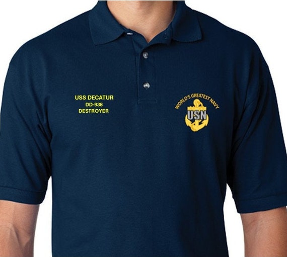 USS DECATUR  DD-936* Destroyer* Embroidered Two Sided Polo Shirt.Worlds Greatest* Navy Officially Licensed