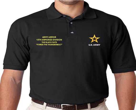13th Armored Divison* The Black Cats* Army Armor* Forge the Thunderbolt *Embroidered polo shirt* Army Officially Licensed.