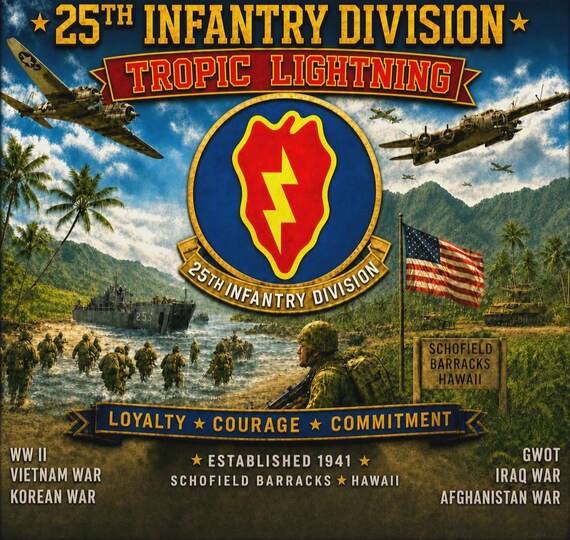 25TH Infantry Division* TROPIC LIGHTNING* Army Unit* 2-Side Vinyl Shirt. Army Officially Licensed.
