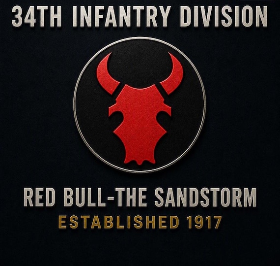 34TH Infantry Division* Red Bull-The Sandstorm * Established 1917* 2-Sided Vinyl Shirt. ARMY Officially Licensed