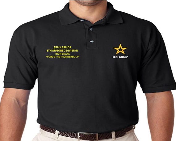 8th Armored Divison* Iron Snake* Army Armor* Forge the Thunderbolt * *Embroidered polo shirt* Army Officially Licensed