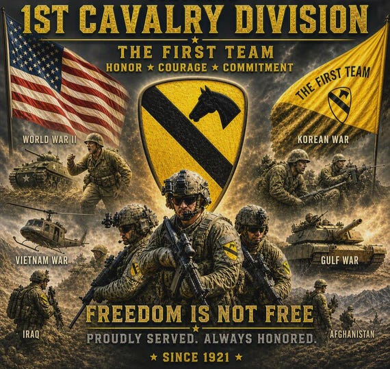 1ST Cavalry Division* The First Team* Army Unit* 2-Side Vinyl Shirt. Army Officially Licensed.