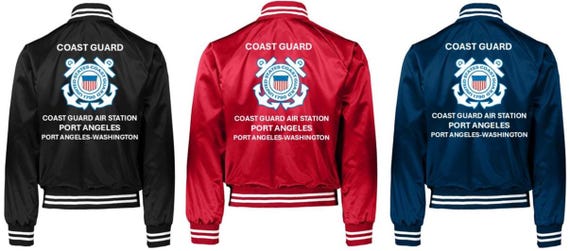 Coast Guard Air Station PORT ANGELES* Port Angeles-Washington* Coast Guard Vinyl Destin Satin Jacket (Back Only) USCG Officially Licensed