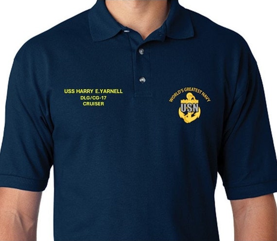 USS Harry E. Yarnell   DLG/CG-17 * Cruiser* Embroidered Two Sided Polo Shirt.Worlds Greatest* Navy Officially Licensed