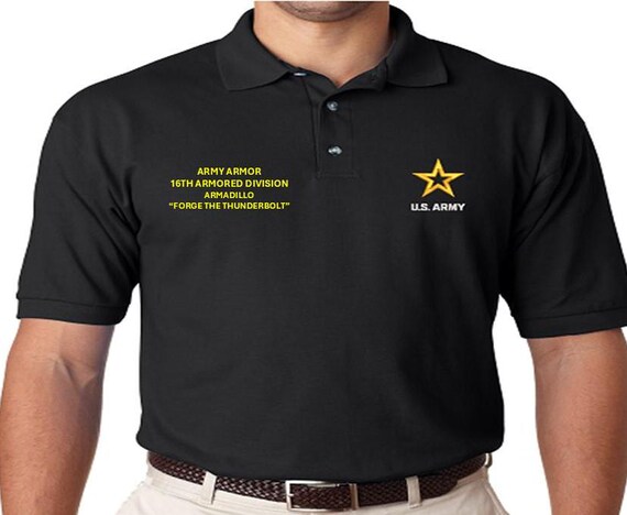 16th Armored Division* Armadillo* Army Armor*Forge the Thunderbolt *Embroidered polo shirt* Army Officially Licensed.