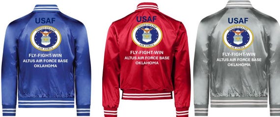 Altus Air Force Base* Oklahoma* Fly-Fight-Win * AIR FORCE Vinyl Design Satin Jacket (Back Only) USAF Officially Licensed