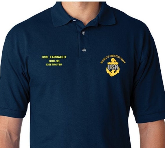 USS Farragut  DDG-99 * Destroyer* Embroidered Two Sided Polo Shirt.Worlds Greatest* Navy Officially Licensed