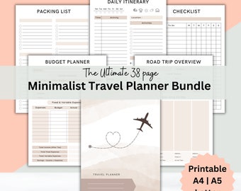 Minimalist Neutral Travel Planner Printable, 38 Travel templates, trip planner, holiday planner, road trip, vacation journal, packing list