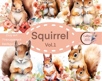 Ardilla acuarela (imágenes prediseñadas/gráficos de flores, PNG transparente (descarga digital)