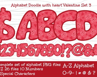 May include: A red and white Valentine's Day-themed alphabet and number set. The letters and numbers are in a bubble font, filled with hearts and envelope patterns. The image includes the text "Alphabet Doodle with heart Valentine Set 3".