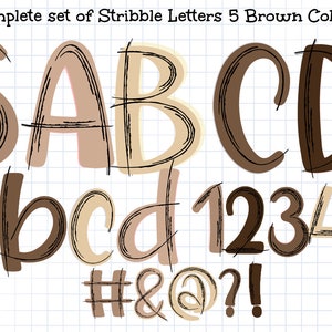 May include: A set of stribble letters and numbers in five shades of brown. The image features uppercase and lowercase letters, numbers, and symbols, all with a sketched design. The text "5 Complete set of Stribble Letters 5 Brown Colors set" is at the top.