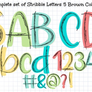 May include: A set of 5 stribble letters in various colors, including yellow, green, blue, and red. The letters are A, B, C, and D. The set also includes the numbers 1, 2, 3, 4, and 5, as well as the symbols #, &, @, ?, and !. The letters and numbers are drawn in a scribbled style, giving them a playful and whimsical look.