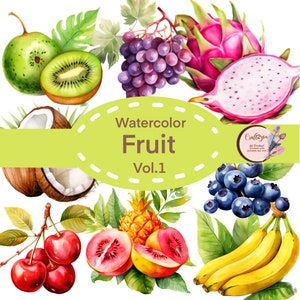 Multi Fruit watercolor kawaii clipart Vol.1 with Budle of 32 PNG food clipart Transparent Background Digital Download With Commercial Use