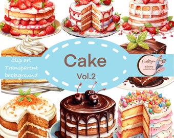 Può includere: Una collezione di nove illustrazioni ad acquerello di diverse torte, tra cui una torta alle fragole, una torta al cioccolato, una torta alla carota e una torta alla vaniglia. Le torte sono tutte decorate con glassa, codette e frutta. Le illustrazioni sono su uno sfondo bianco con il testo "Cake Vol.2" al centro.